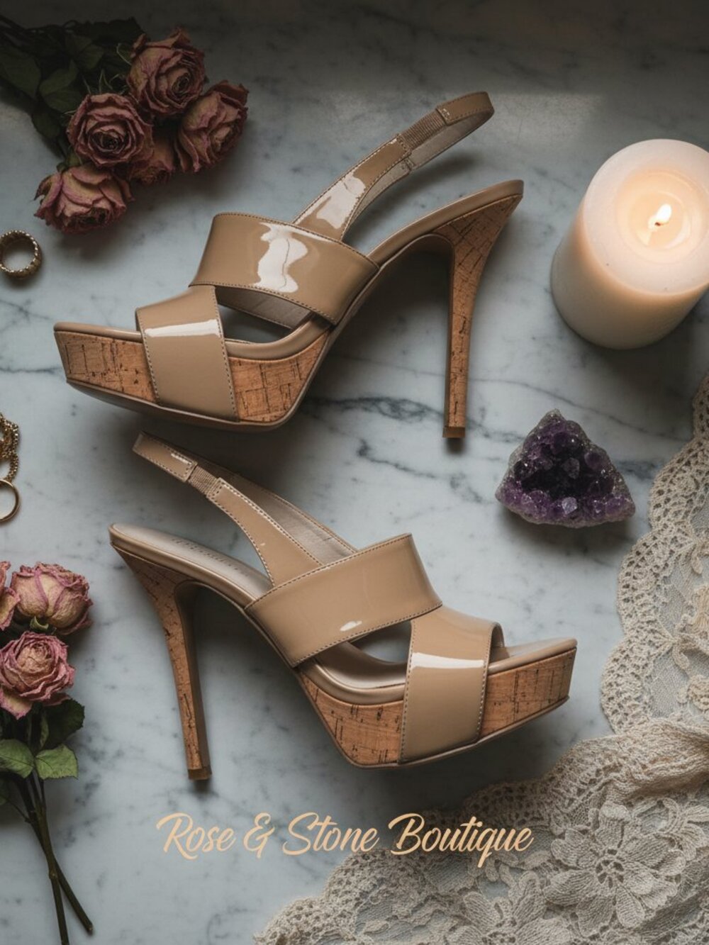 🌹 Nine West Nude Patent Cork Platform Slingback Heel | Size 7 | Y2K Glam